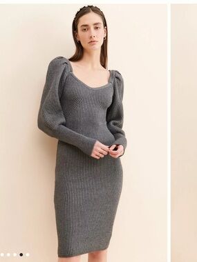 Astr the label Jansen Gray Ribbed Knit Puff-Sleeve Midi Dress